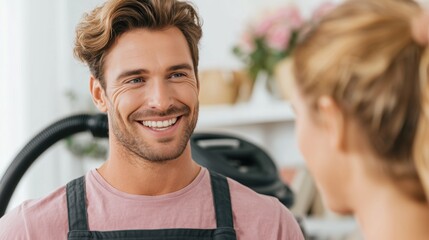 Smiling technician wearing a pink T-shirt and apron, talking to a homeowner indoors with a blurred background, symbolizing friendly customer service and professional repair assistance.