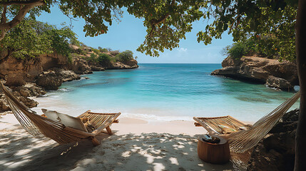 Obraz premium Serene Secluded Beach Hammock Paradise Tropical Getaway Relaxation