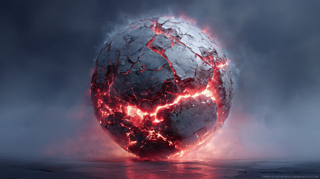 Spherical earth chunk with cracked rock exterior and glowing magma veins underneath,