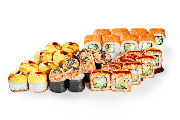 Delicious sushi set presenting variety of japanese cuisine on white background © nazarovsergey