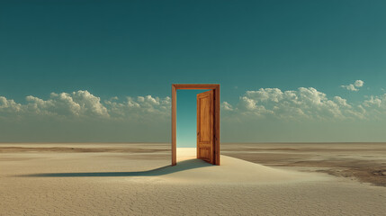  an old wooden door floating upright in the middle of a minimalist desert landscape