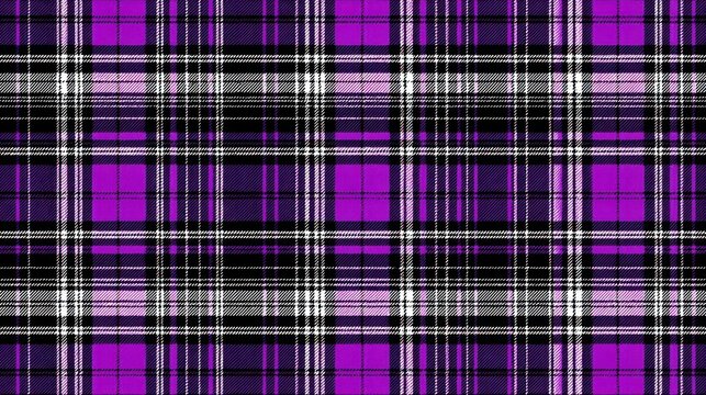 This vibrant plaid pattern features various shades of purple and black with intersecting lines. Ideal for clothing, home decor, or fashion accessories, it showcases a modern textile design.