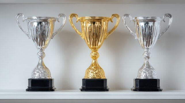 A collection of three trophies sits elegantly on a white shelf
