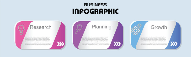 Modern and colorful business infographic with three clean steps: research, planning, and growth. Ideal for presentations, reports, and workflow illustrations.