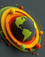 Earth with Orbits: A striking artistic representation of the Earth, surrounded by concentric colorful rings and spheres, symbolizing the interconnectedness of the planet.