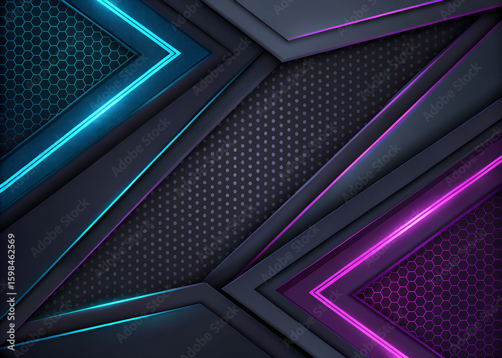 Fototapete dark abstract geometric background with glowing neon blue and pink angular shapes and textured panel