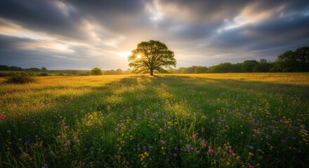 Sunrise over serene meadow with majestic oak tree and wildflowers