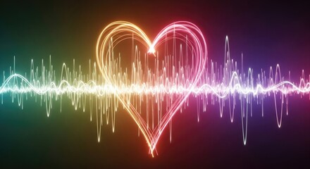 Vibrant neon heartbeat with colorful ecg wave on dark background