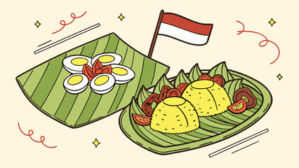 Indonesian nasi tumpeng with side dishes vector illustration for independence day celebration design 100