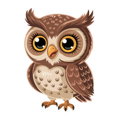 Obraz premium Cute cartoon owl with large expressive eyes and brown feathers isolated on a transparent background bird 1