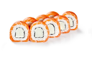 Philadelphia uramaki sushi rolls with salmon and cream cheese filling on white background