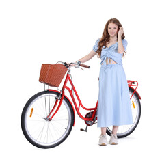 Smiling teenage girl and bicycle with basket on white background