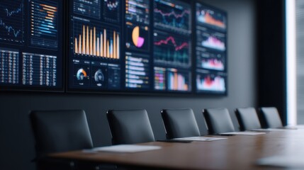 AI workforce solutions Concepts, Modern boardroom with data visualizations on screen and empty chairs around a long table.