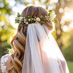 Bride with floral crown and veil outdoors