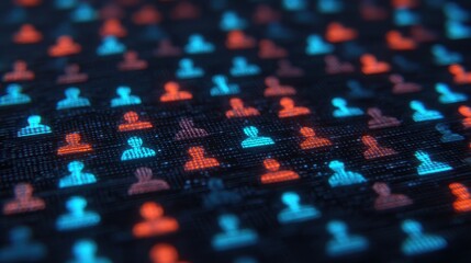 AI workforce solutions Concepts, Digital representation of user icons in vibrant colors against a dark background, symbolizing connectivity and networking.