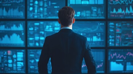 AI workforce solutions Concepts, Business professional analyzing data on multiple screens in a high-tech environment.