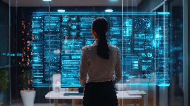 AI workforce solutions Concepts, A professional woman analyzes data on a futuristic holographic display in a modern office setting.