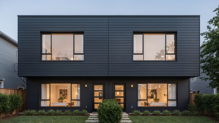 Modern two-story duplex with dark gray exterior and large windows at twilight illustrating contemporary architecture
