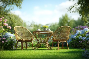 Serene Garden: A tranquil garden setting, showcasing a rattan table and chairs, evoking relaxation and natural beauty, offering a sense of peaceful contemplation.