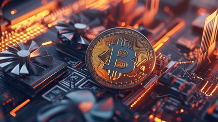 Golden bitcoin coin resting on a futuristic glowing circuit board with orange lights