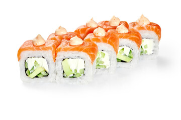 Philadelphia uramaki sushi rolls with salmon, cream cheese, avocado and cucumber on white background