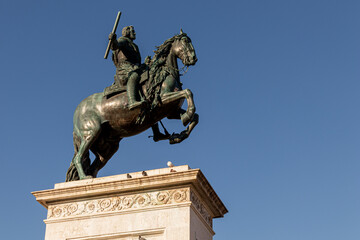 Madrid, Spain. Equestrian statue of King Philip IV in Plaza de Oriente, sculpted by Pietro Tacca in...
