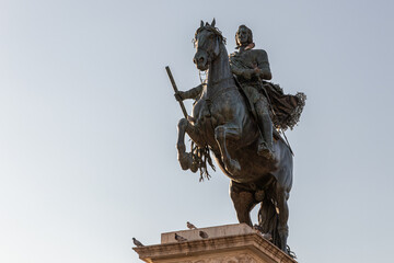 Madrid, Spain. Equestrian statue of King Philip IV in Plaza de Oriente, sculpted by Pietro Tacca in...