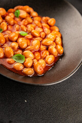 Bean stew tomato sauce cranberry beans vegetable dish beans borlotti fresh delicious gourmet food background on the table rustic food top view copy space keto and paleo diet vegan and vegan food