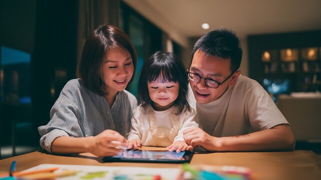 Parents and toddler using a tablet together on a dining table, colorful activity planner on screen, bonding moment, creativity and digital parenting 