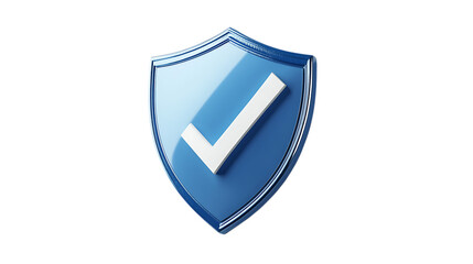 Blue shield with white check mark in 3d style isolated on white background for security and protection concept
