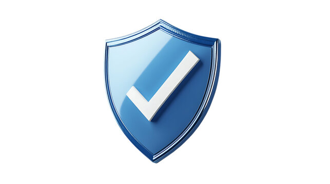 Blue shield with white check mark in 3d style isolated on white background for security and protection concept

