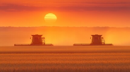 Fototapeta premium Two combines are harvesting in vast fields as a stunning sunset paints the sky in vibrant orange and gold hues. Dust rises in the glow of the evening light