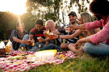 Group of multiethnic teenagers spending time outdoor on a picnic at the park
