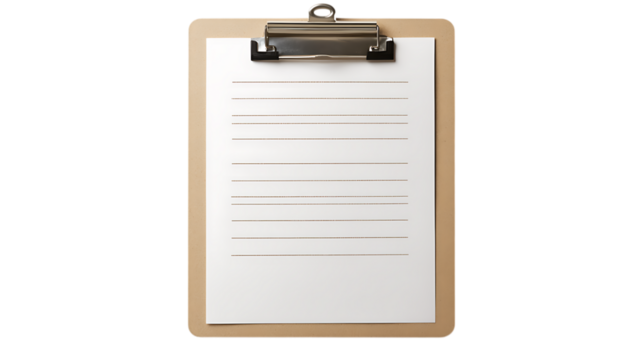 Front view of wooden clipboard with lined paper isolated on white background for business and office use
