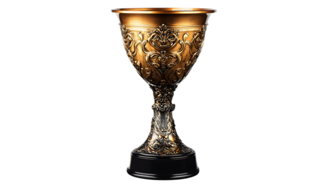 Ornate antique golden trophy cup with detailed pattern isolated on white

