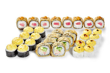 Variety of sushi rolls displaying different ingredients and preparation methods