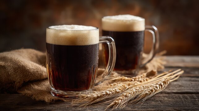 Two clear mugs filled with dark craft beer rest on a rustic wooden table. Each beer has a thick foamy head. Wheat stalks lie nearby, enhancing the cozy and inviting atmosphere
