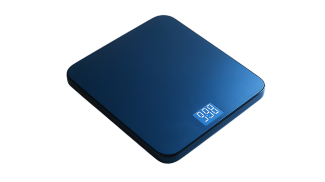 Modern digital kitchen scale with blue surface and LCD screen on white
