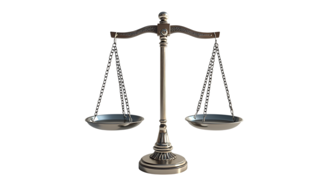 Bronze balance scale symbol of justice and law isolated on white background
