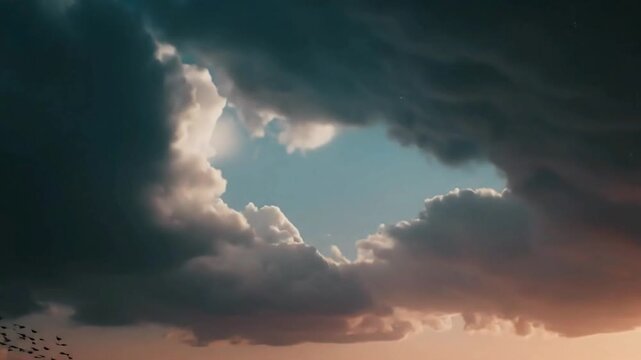 Dramatic dark clouds parting revealing bright sky sunbeams with birds flying through a stunning natural weather phenomenon vista and beautiful landscape hope