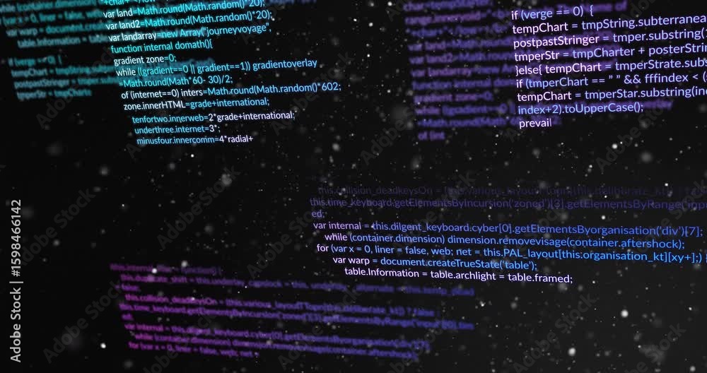 Poster teal and purple code snippets appearing, drifting, fading and overlapping in 3d space showing depth