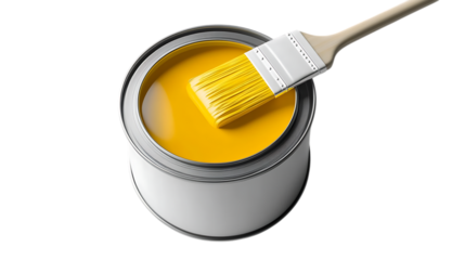 Open yellow paint can with brush resting on top isolated on white

