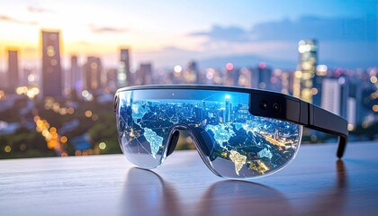 Futuristic Augmented Reality Glasses Displaying Digital Map Overlaying City Skyline View During Sunset