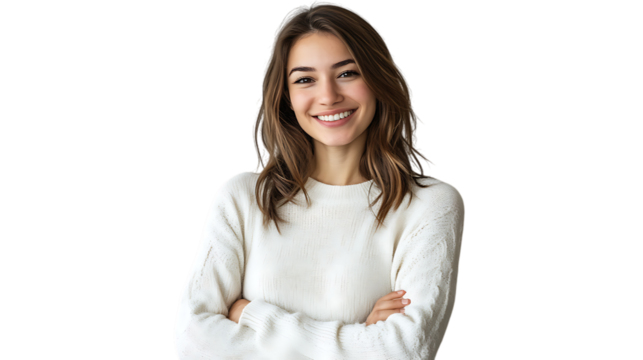 Smiling young woman in white sweater with crossed arms on white background
 - Powered by Adobe