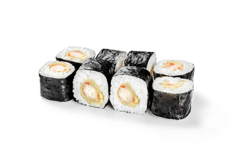 Delicious hot fried sushi roll with shrimp tempura and cream cheese isolated on white background