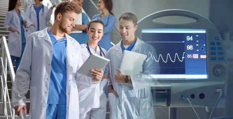 Group of doctors and medical heart rate monitor, double exposure. Banner design