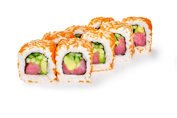California roll showing tuna, avocado and cucumber filling covered in tobiko roe on white background
