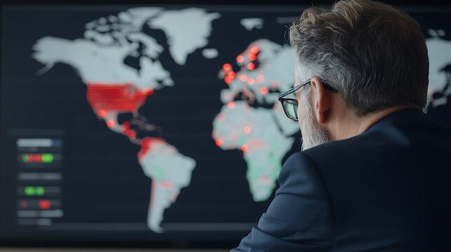 Analyzing Global Data: Man reviews a world map display, focusing on areas highlighted in red and green, possibly indicating trends or statistics.