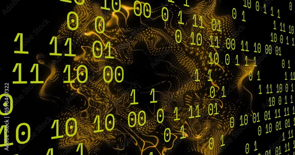 Poster cascading binary digits starting right shift while golden 3d mesh pulsing morphing visualizing data