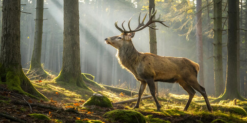 Majestic Red Deer Stag Bellowing in Misty Forest Sunlight.